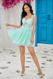 Unique A Line Spaghetti Straps Mint Short Graduation Dress with Appliques