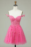 Cute A Line Spaghetti Straps Pink Short Graduation Dress with Appliques