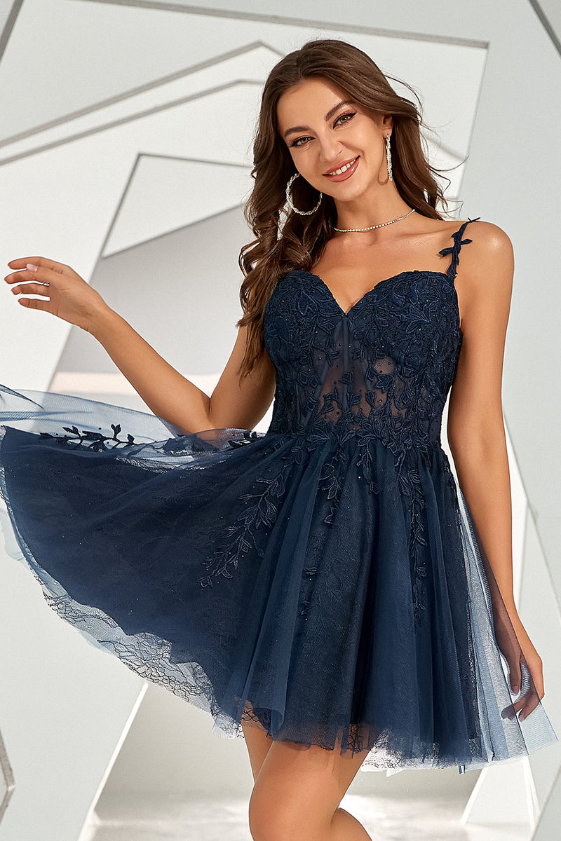 Load image into Gallery viewer, Navy Backless Short Cocktail Dress with Appliques