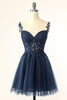 Load image into Gallery viewer, Navy Spaghetti Straps Short Graduation Dress with Appliques