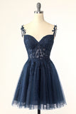 Navy Spaghetti Straps Short Graduation Dress with Appliques