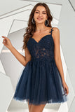 Navy Backless Short Cocktail Dress with Appliques