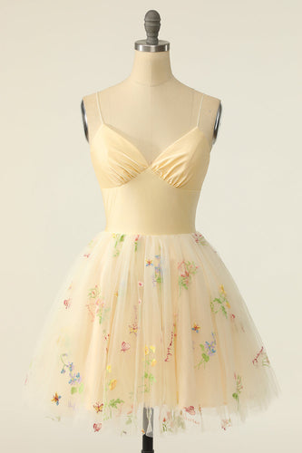 Champagne Tulle A-line Graduation Dress with Embroidery