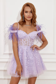 Lavender Off Shoulder Graduation Dress with Feathers