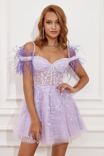 Lavender Off Shoulder Graduation Dress with Feathers