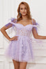Load image into Gallery viewer, Lavender Off Shoulder Graduation Dress with Feathers