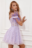 Lavender Off Shoulder Graduation Dress with Feathers