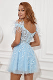 Blue Off Shoulder Graduation Dress with Feathers