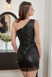 One Shoulder Sequin Little Black Graduation Dress