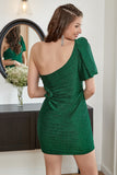 Green One Shoulder Glitter Graduation Dress