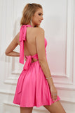 Fuchsia Halter Backless Lace Up Graduation Dress