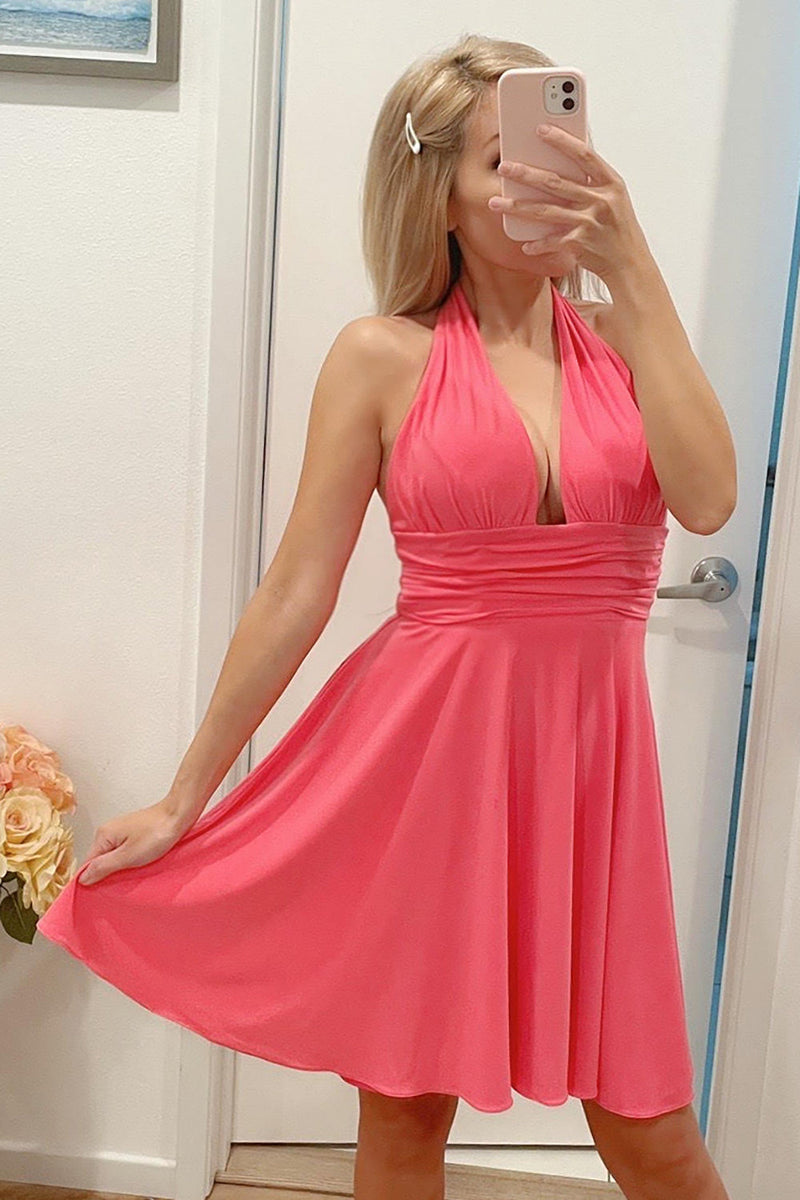 Load image into Gallery viewer, Cute Fuchsia Halter Backless Short Cocktail Dress