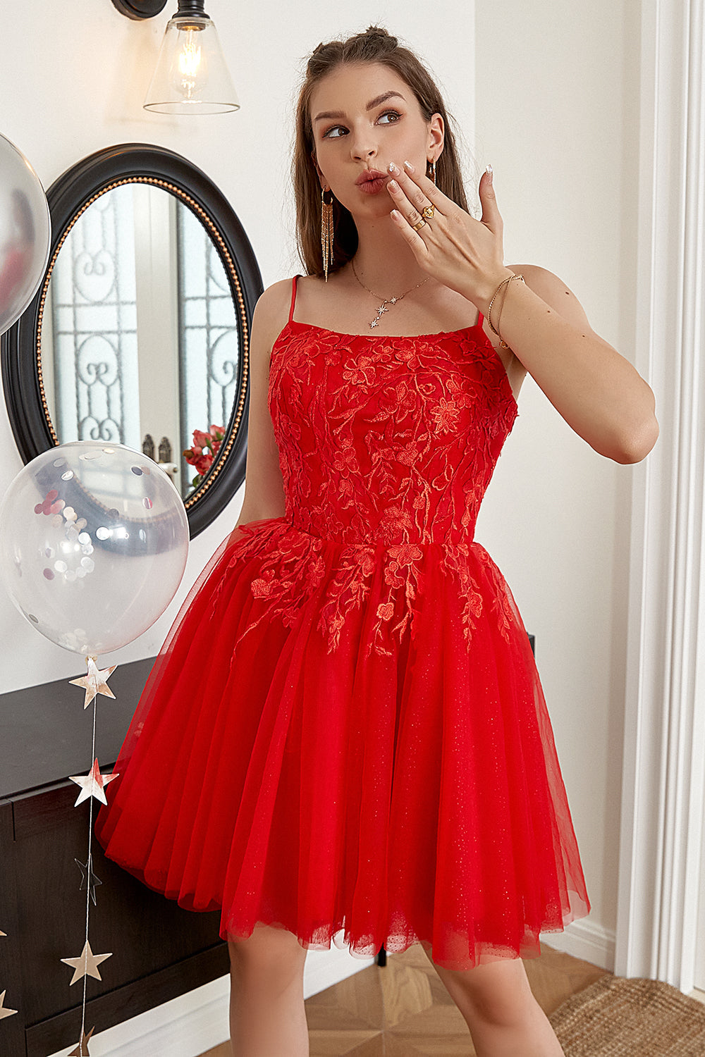 Red A-line Cute Graduation Dress with Appliques