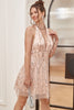 Load image into Gallery viewer, Blush Sequin Fringes Halter Wedding Guest Dress