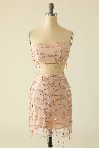 Two Piece Sequins Strapless Pink Graduation Dress