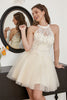 Load image into Gallery viewer, Champagne Beaded Halter Tulle Cute Graduation Dress