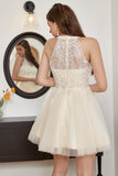 Champagne Beaded Halter Tulle Cute Graduation Dress