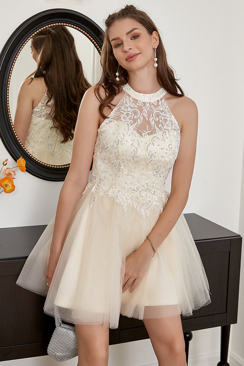 Load image into Gallery viewer, Champagne Beaded Halter Tulle Cute Graduation Dress