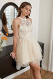 Champagne Beaded Halter Tulle Cute Graduation Dress