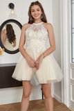 Champagne Beaded Halter Tulle Cute Graduation Dress