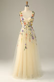 Champagne Spaghetti Straps Prom Dress With 3D Flowers