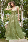 Light Green A-Line Long Prom Dress With Embroidery