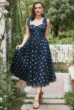 Navy Stars A-Line Tea-Length Prom Dress With Bowknots