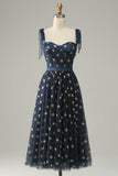 Navy Stars A-Line Tea-Length Prom Dress With Bowknots