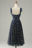 Navy Stars A-Line Tea-Length Prom Dress With Bowknots