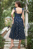 Navy Stars A-Line Tea-Length Prom Dress With Bowknots