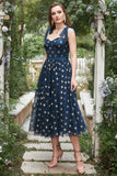 Navy Stars A-Line Tea-Length Prom Dress With Bowknots