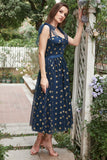 Navy Stars A-Line Tea-Length Prom Dress With Bowknots