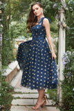 Navy Stars A-Line Tea-Length Prom Dress With Bowknots