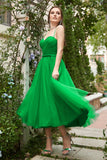 Green Tulle A-line Midi Prom Dress with Ruffles