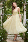 Yellow Spaghetti Straps Tea Length Prom Dress