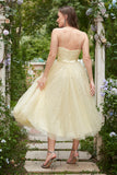 Yellow Spaghetti Straps Tea Length Prom Dress