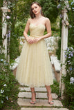 Yellow Spaghetti Straps Tea Length Prom Dress