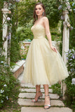 Yellow Spaghetti Straps Tea Length Prom Dress