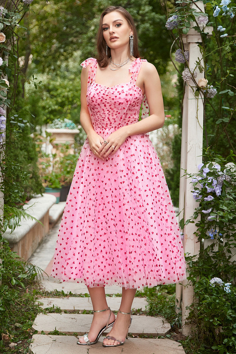 Load image into Gallery viewer, Pink Tulle A-line Midi Prom Dress with Hearts