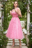 Pink Tulle A-line Midi Prom Dress with Hearts