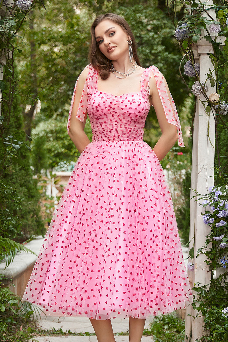 Load image into Gallery viewer, Pink Tulle A-line Midi Prom Dress with Hearts