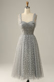 Grey Spaghetti Straps Tea-Length Prom Dress With Bowknots