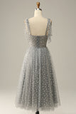 Grey Spaghetti Straps Tea-Length Prom Dress With Bowknots