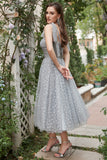 Grey Spaghetti Straps Tea-Length Prom Dress With Bowknots