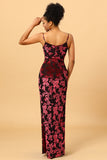 Sheath Spaghetti Straps Burgundy Printed Velvet Long Prom Dress with Silt