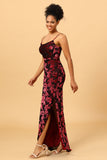 Sheath Spaghetti Straps Burgundy Printed Velvet Long Prom Dress with Silt