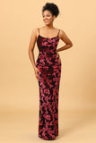 Sheath Spaghetti Straps Burgundy Printed Velvet Long Prom Dress with Silt