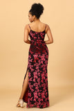 Sheath Spaghetti Straps Burgundy Printed Velvet Long Prom Dress with Silt