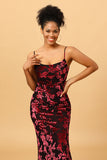 Sheath Spaghetti Straps Burgundy Printed Velvet Long Prom Dress with Silt