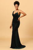 Mermaid V Neck Green Velvet Long Prom Dress